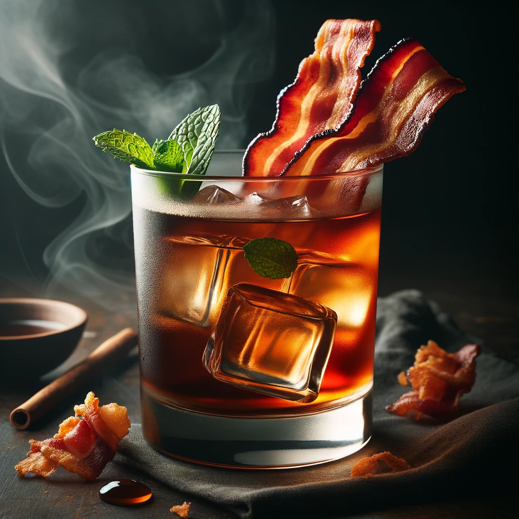 Homemade cocktail drink Smoky Maple Bacon Old Fashioned